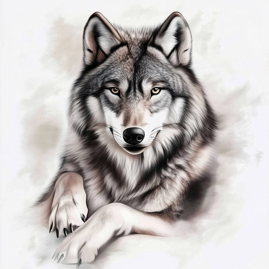 Loup couché regardant la caméra