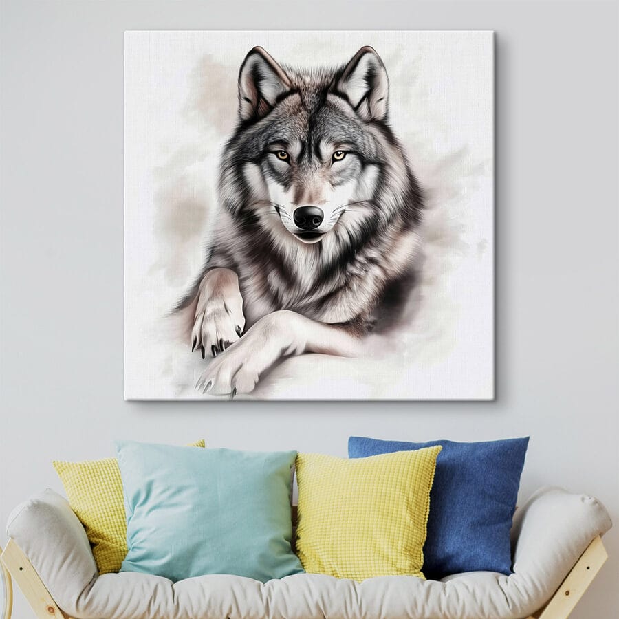 Loup couché regardant la caméra