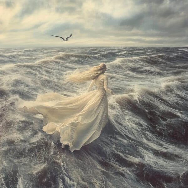 Femme en robe blanche courant dans les vagues Femme en robe blanche courant dans les vagues