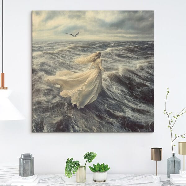 Femme en robe blanche courant dans les vagues Femme en robe blanche courant dans les vagues