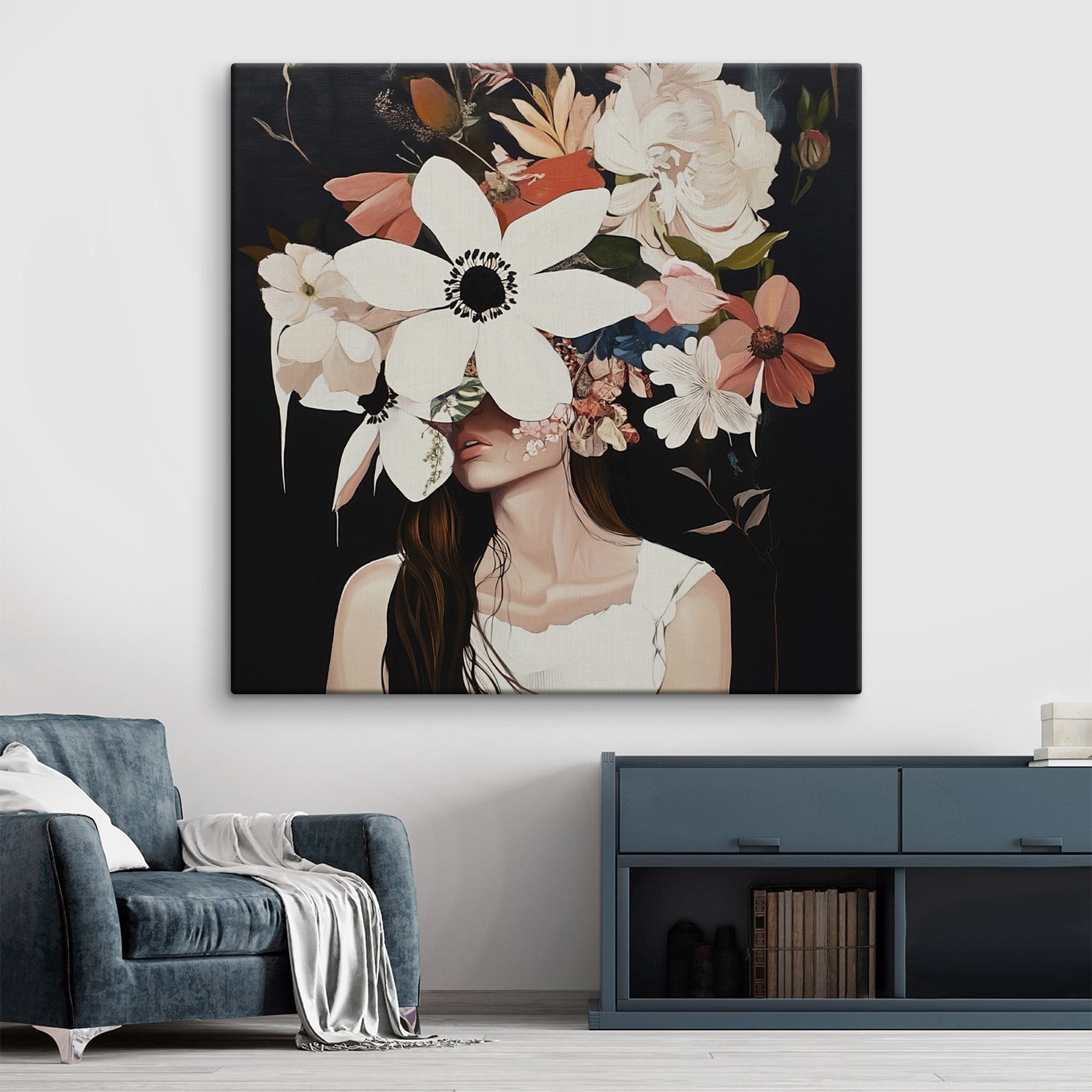 Painting of a woman with flowers on her face Painting of a woman with flowers on her face