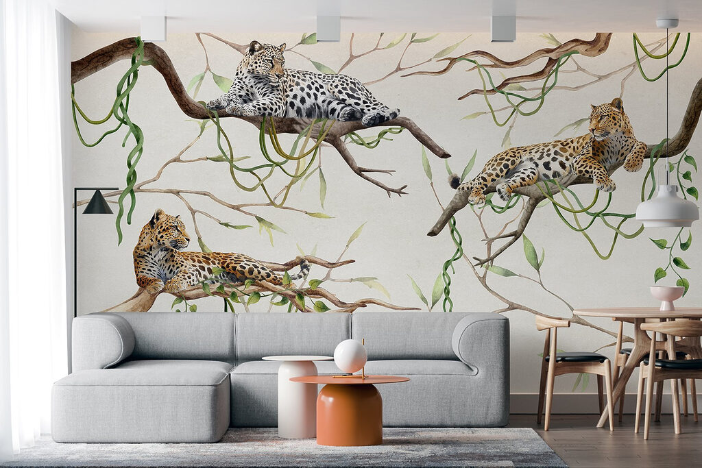 Group of leopards lying on branches