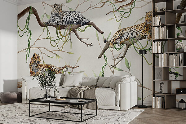 Groupe de léopards couchés sur des branches Groupe de léopards couchés sur des branches