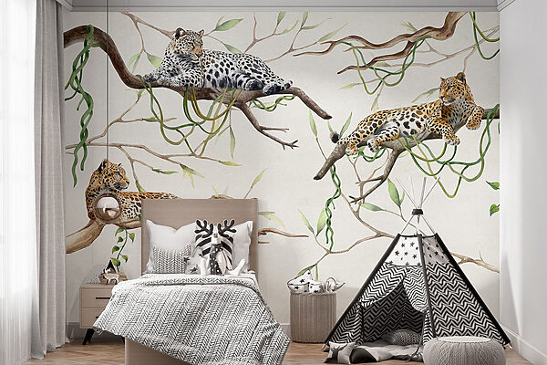 Groupe de léopards couchés sur des branches Groupe de léopards couchés sur des branches