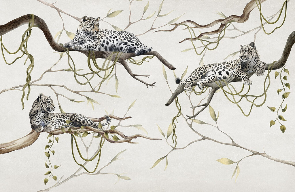 Groupe de léopards couchés sur des branches Groupe de léopards couchés sur des branches