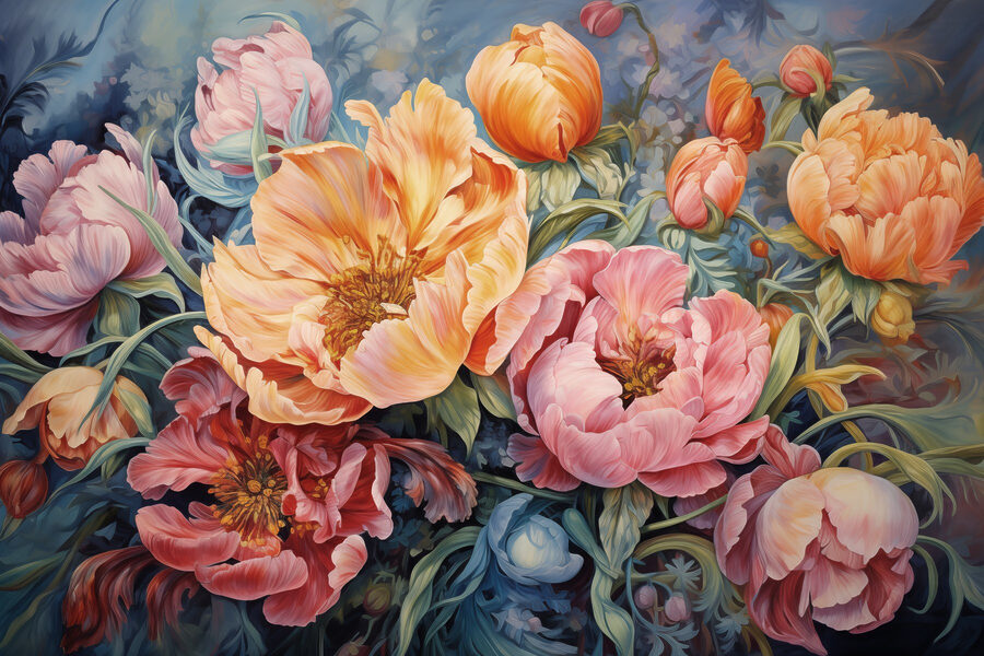 Peinture de fleurs sur fond bleu