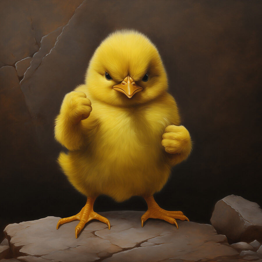 Poussin jaune debout sur un rocher