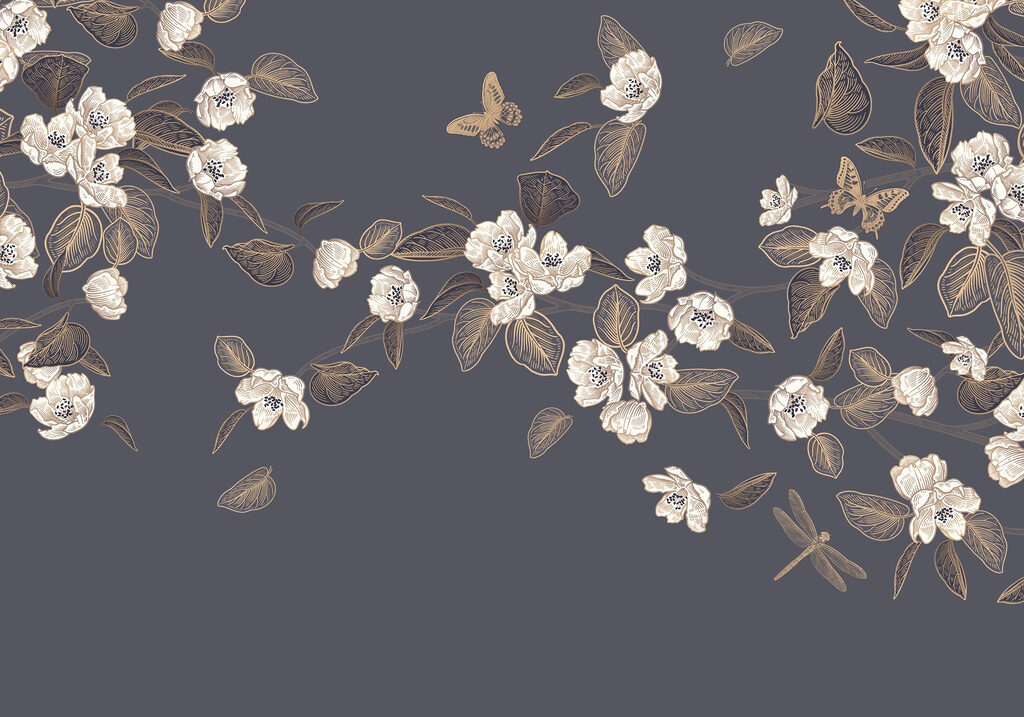 Fleurs et feuilles blanches sur fond gris Fleurs et feuilles blanches sur fond gris