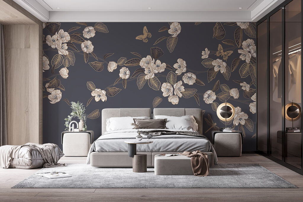 White flowers and leaves on a gray background