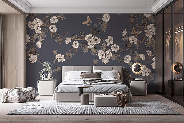 Fleurs et feuilles blanches sur fond gris Fleurs et feuilles blanches sur fond gris
