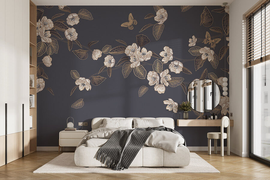 Fleurs et feuilles blanches sur fond gris