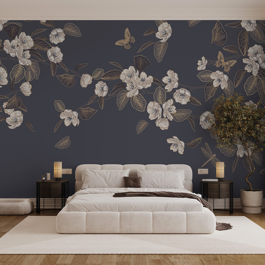 Fleurs et feuilles blanches sur fond gris