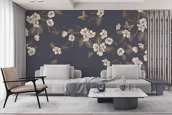 Fleurs et feuilles blanches sur fond gris Fleurs et feuilles blanches sur fond gris