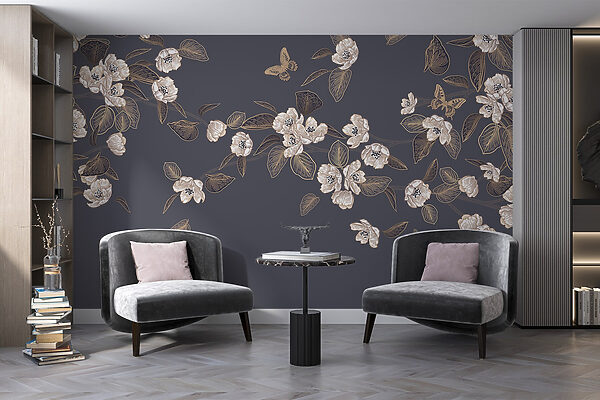 Fleurs et feuilles blanches sur fond gris Fleurs et feuilles blanches sur fond gris
