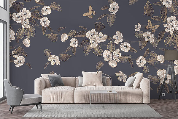 Fleurs et feuilles blanches sur fond gris Fleurs et feuilles blanches sur fond gris