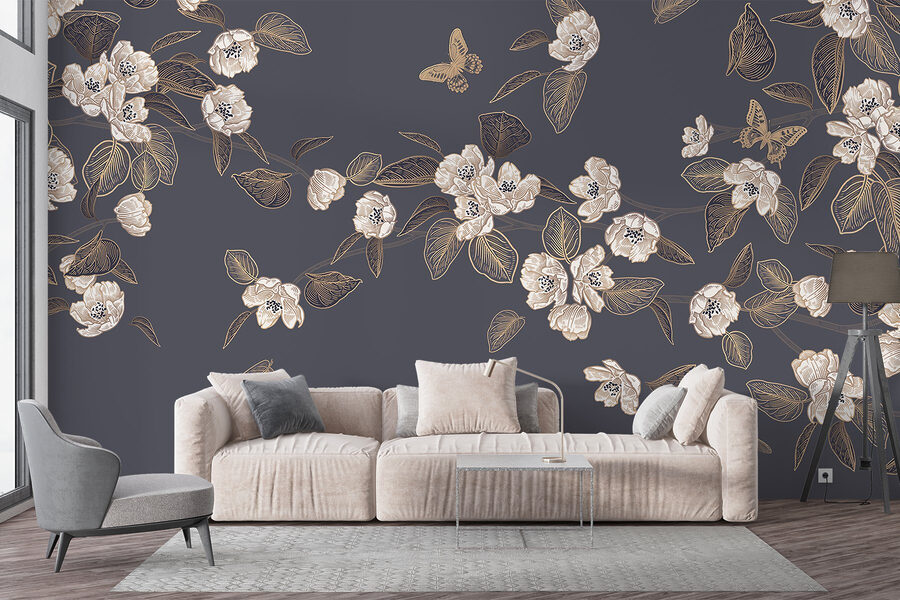 Fleurs et feuilles blanches sur fond gris