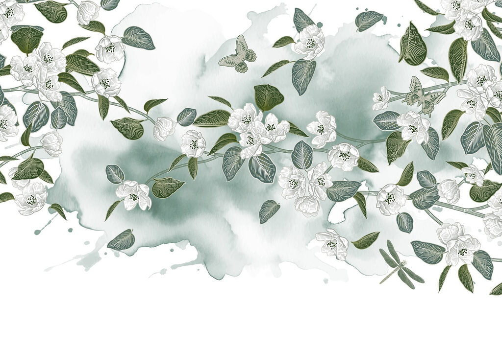 Fleurs blanches et feuilles vertes sur fond blanc Fleurs blanches et feuilles vertes sur fond blanc