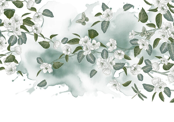 Fleurs blanches et feuilles vertes sur fond blanc Fleurs blanches et feuilles vertes sur fond blanc