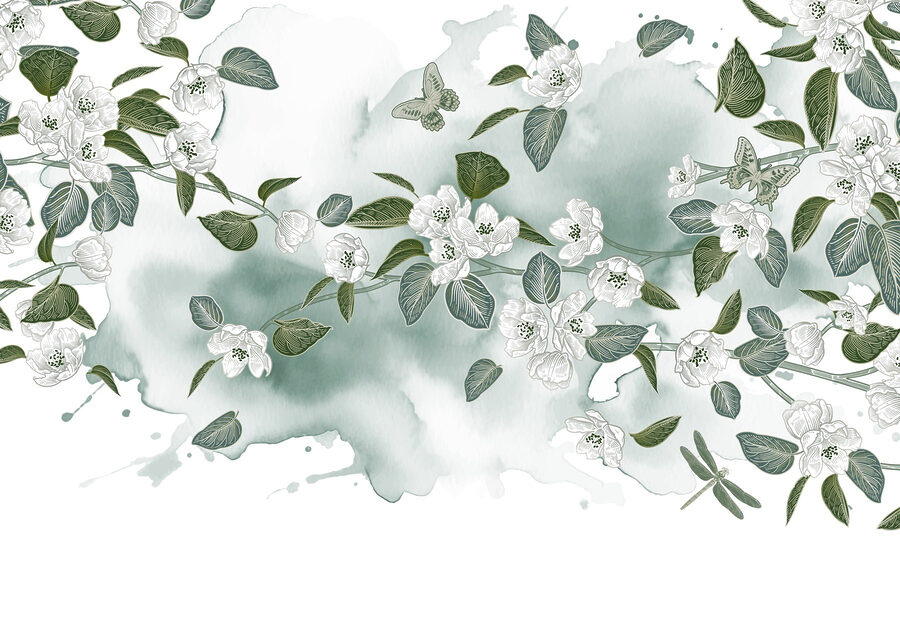 Fleurs blanches et feuilles vertes sur fond blanc