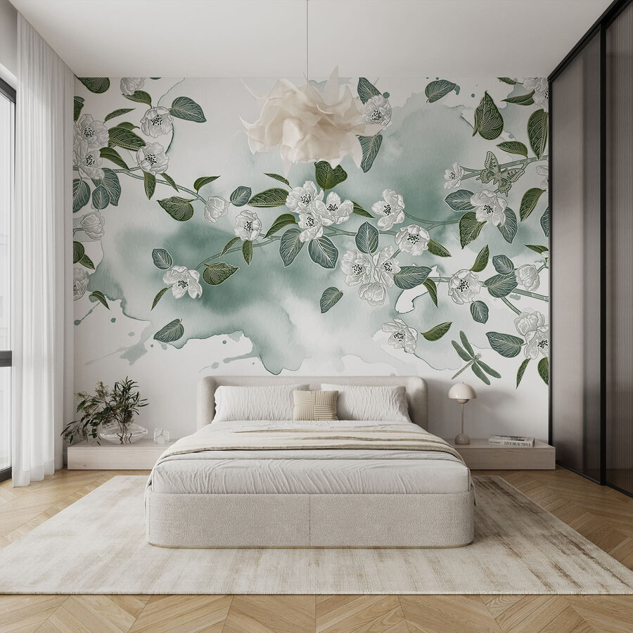 Fleurs blanches et feuilles vertes sur fond blanc
