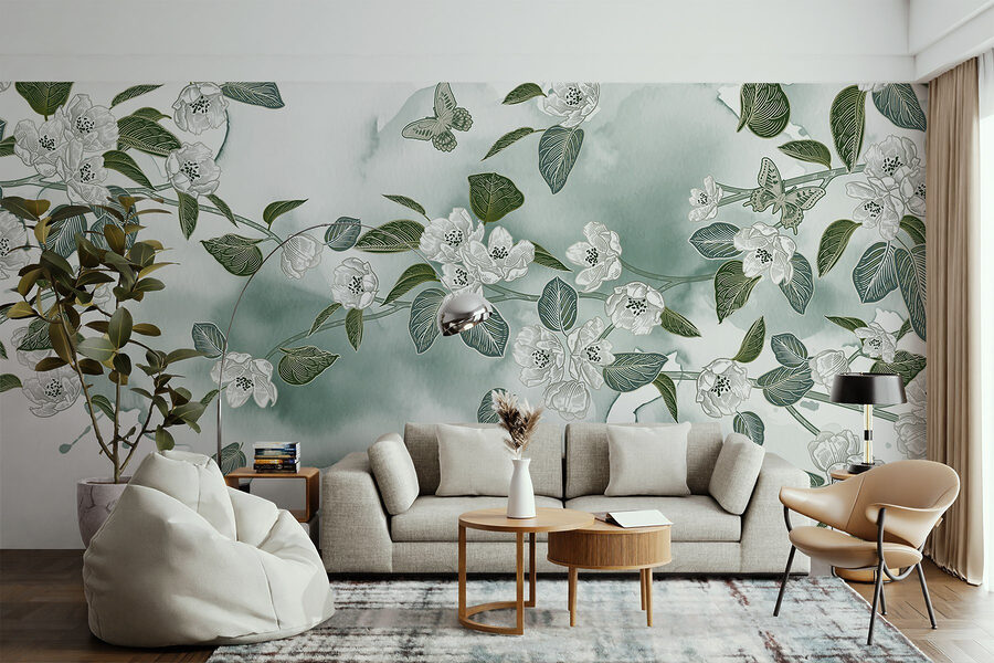 Fleurs blanches et feuilles vertes sur fond blanc