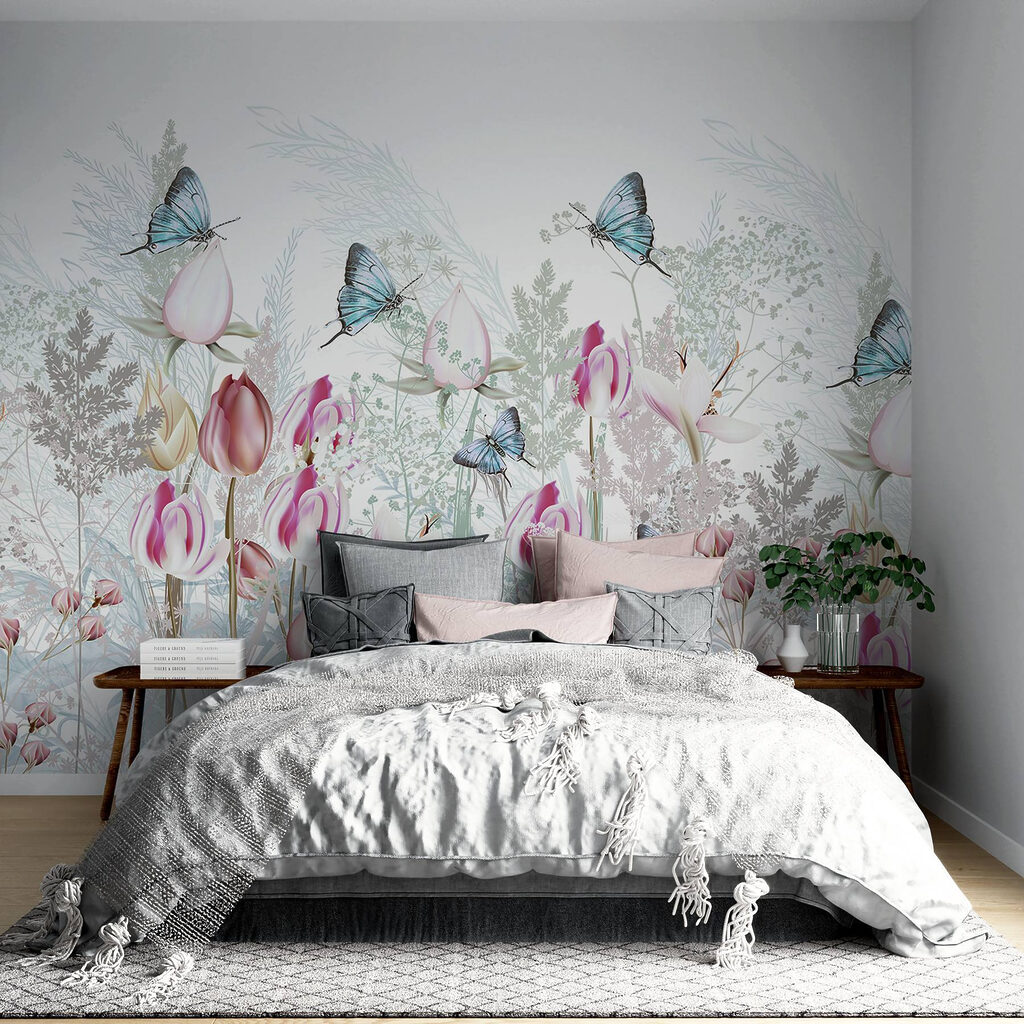 Fluttering butterflies among blooming flowers