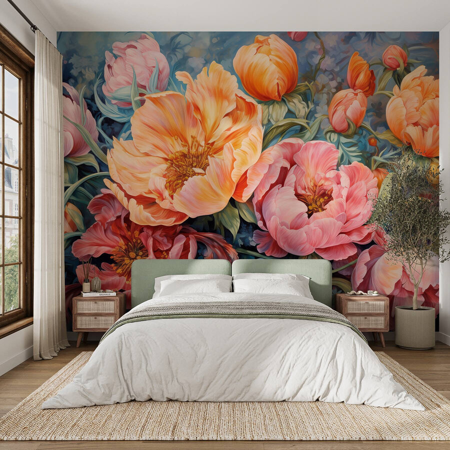 Peinture de fleurs sur fond bleu