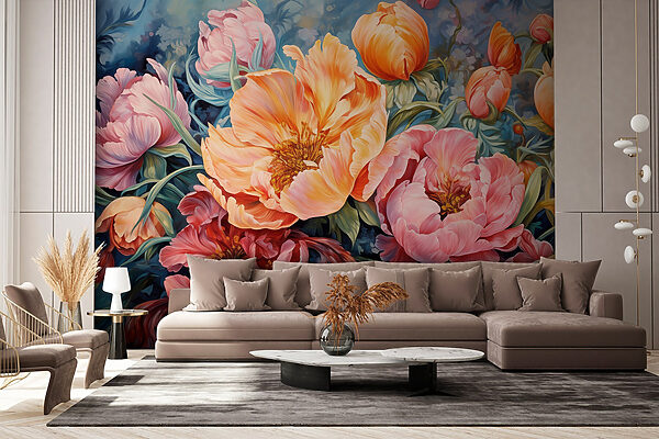 Peinture de fleurs sur fond bleu Peinture de fleurs sur fond bleu