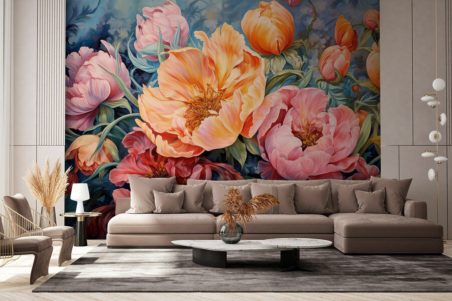 Peinture de fleurs sur fond bleu
