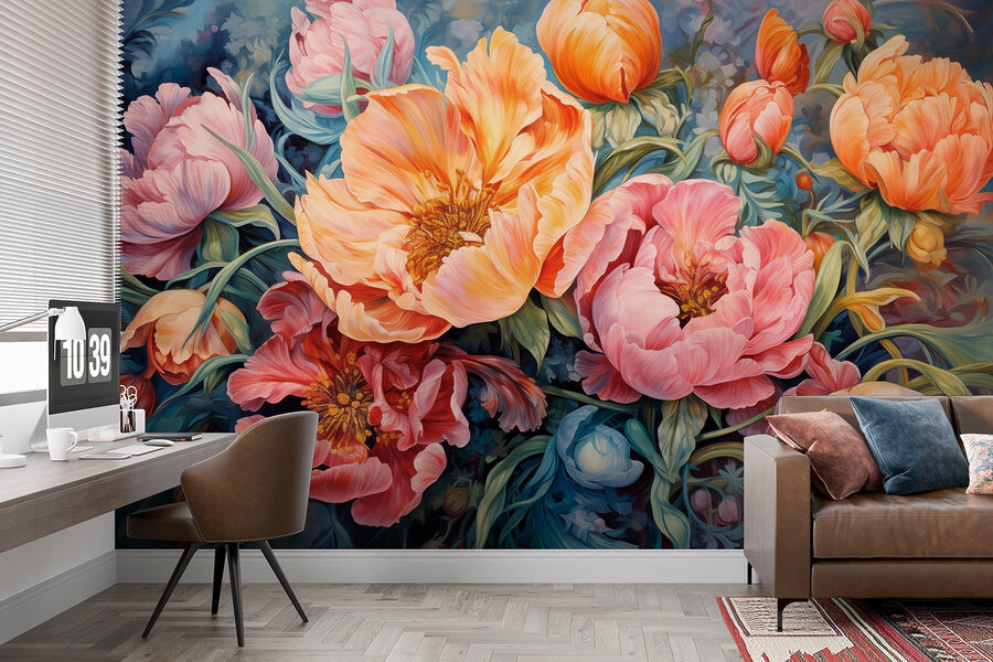 Peinture de fleurs sur fond bleu