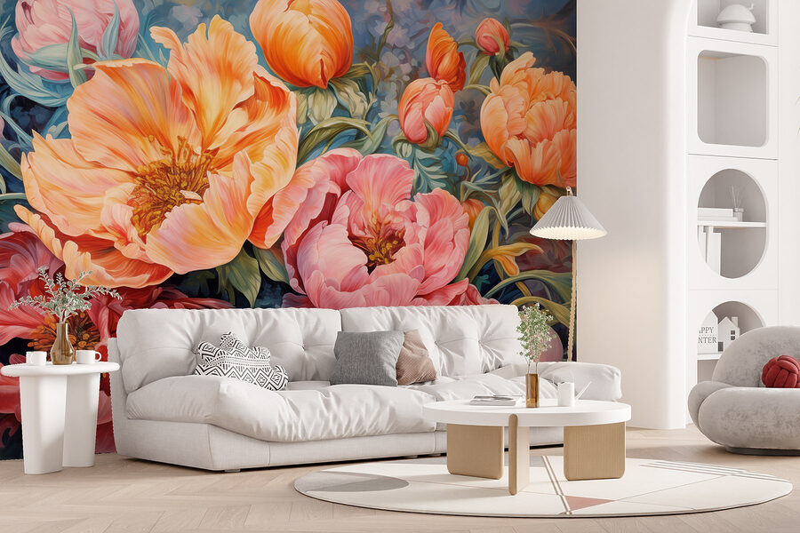 Peinture de fleurs sur fond bleu