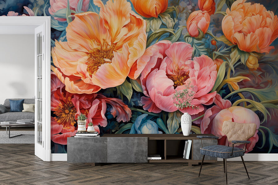 Peinture de fleurs sur fond bleu