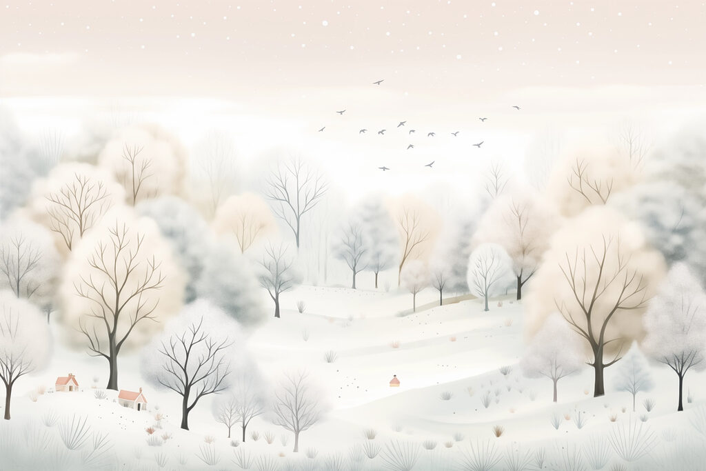 Paysage enneigé avec arbres et oiseaux Paysage enneigé avec arbres et oiseaux
