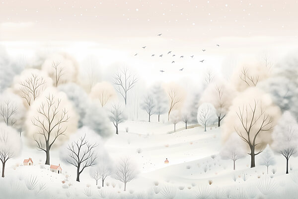 Paysage enneigé avec arbres et oiseaux Paysage enneigé avec arbres et oiseaux