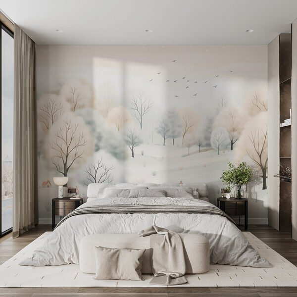 Paysage enneigé avec arbres et oiseaux Paysage enneigé avec arbres et oiseaux