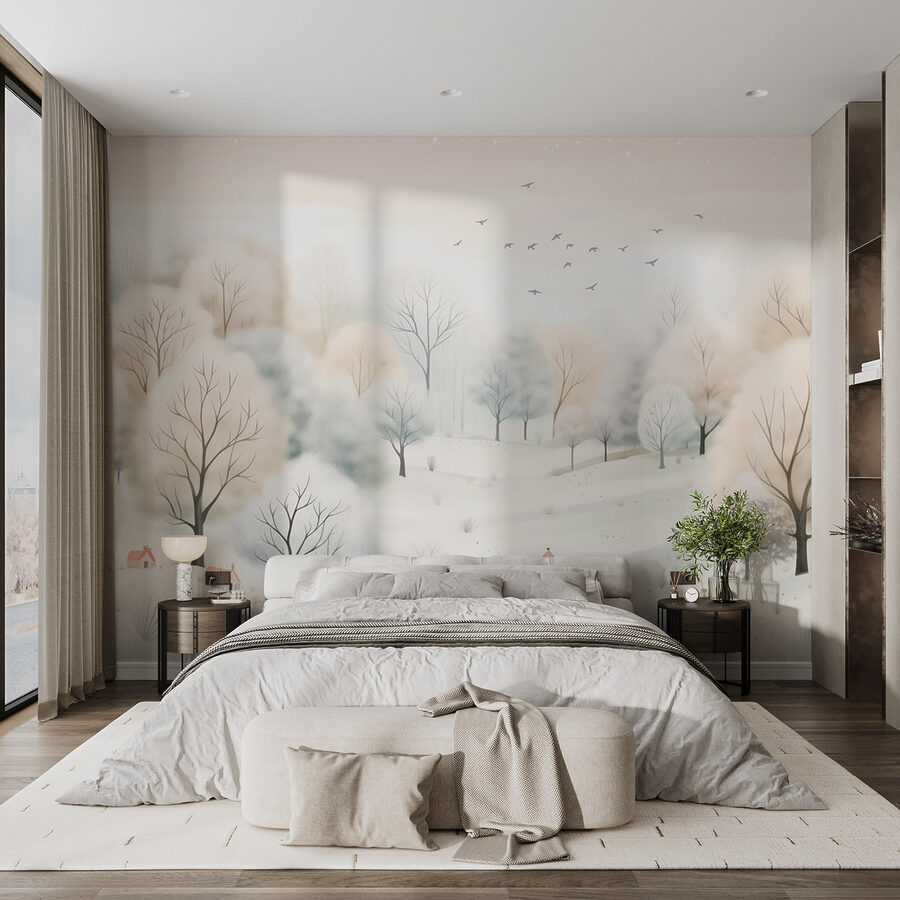 Paysage enneigé avec arbres et oiseaux