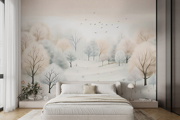 Paysage enneigé avec arbres et oiseaux Paysage enneigé avec arbres et oiseaux