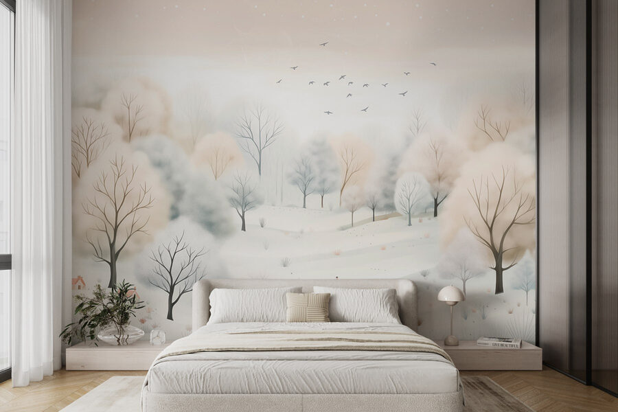 Paysage enneigé avec arbres et oiseaux
