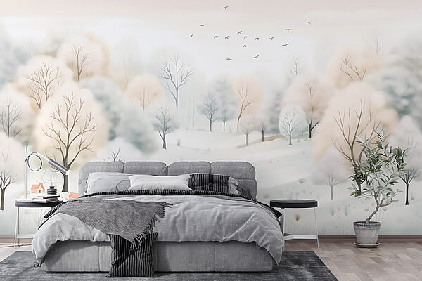 Paysage enneigé avec arbres et oiseaux Paysage enneigé avec arbres et oiseaux