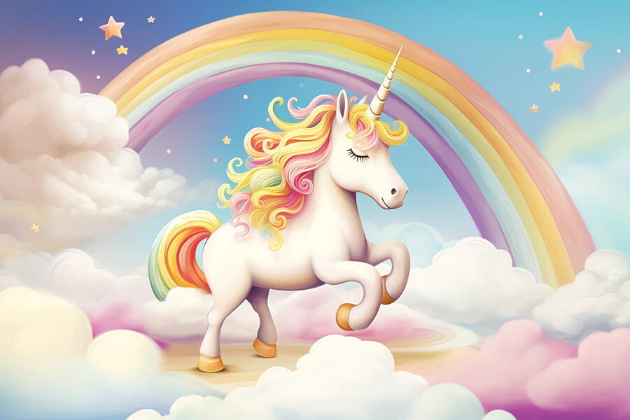 Licorne avec arc-en-ciel et nuages