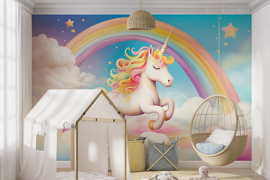 Licorne avec arc-en-ciel et nuages