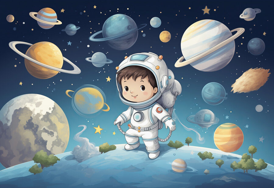 Caricature d'un garçon en combinaison spatiale