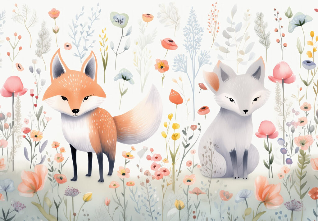 Couple de renards dans un jardin de fleurs Couple de renards dans un jardin de fleurs