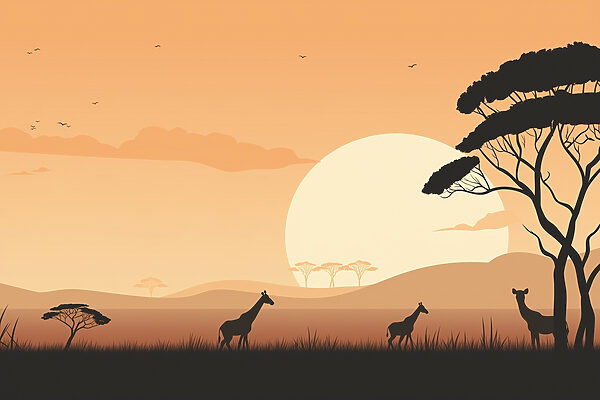 Girafes marchant dans un champ d'herbe avec des arbres et un coucher de soleil Girafes marchant dans un champ d'herbe avec des arbres et un coucher de soleil