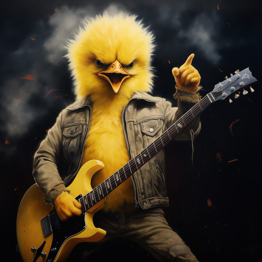 Personne en habit de poulet jouant de la guitare