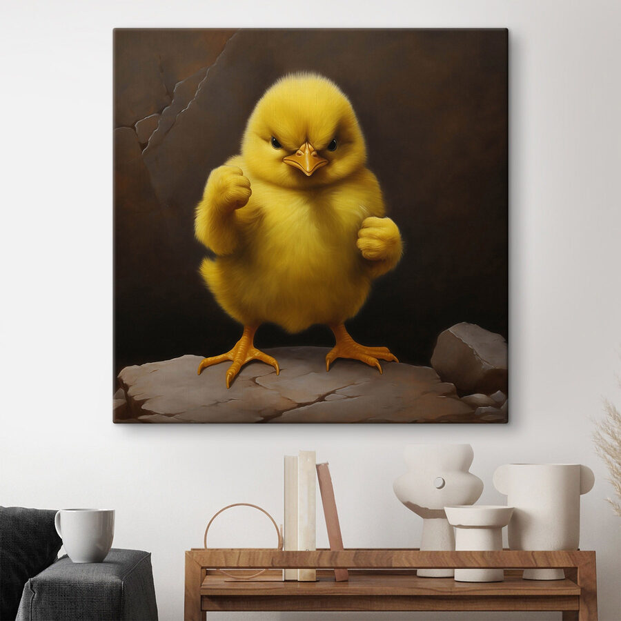 Poussin jaune debout sur un rocher
