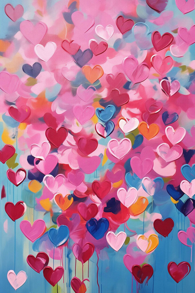 Painting of hearts on a blue background Painting of hearts on a blue background