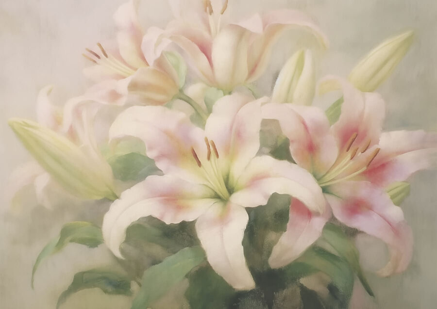 Peinture d'un groupe de fleurs roses