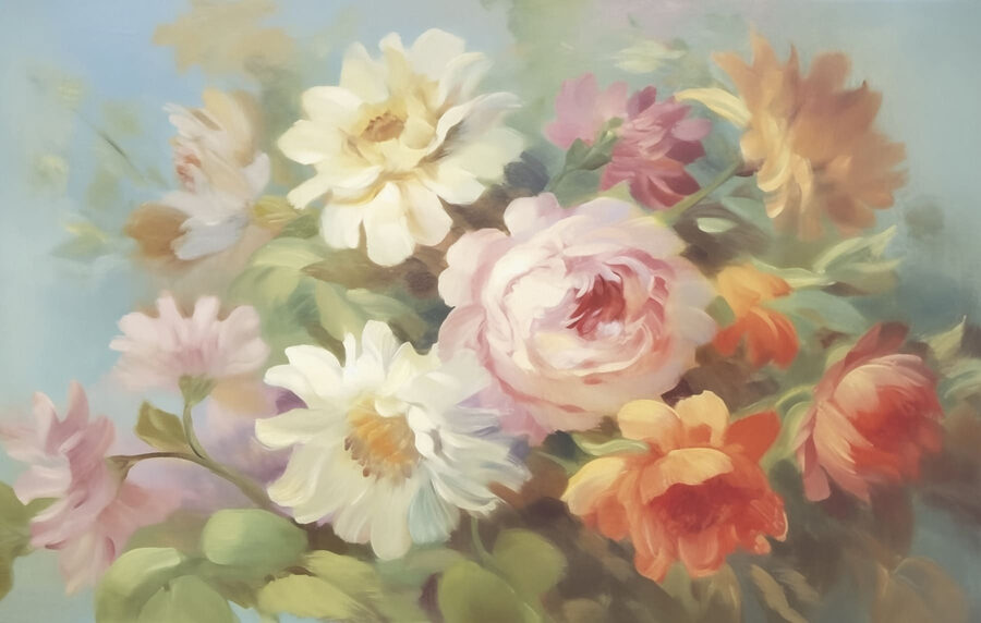 Peinture de fleurs sur fond bleu