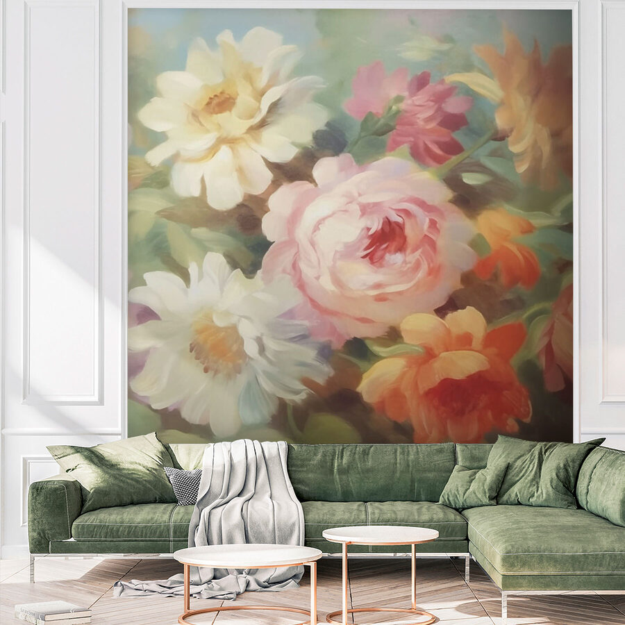 Peinture de fleurs sur fond bleu
